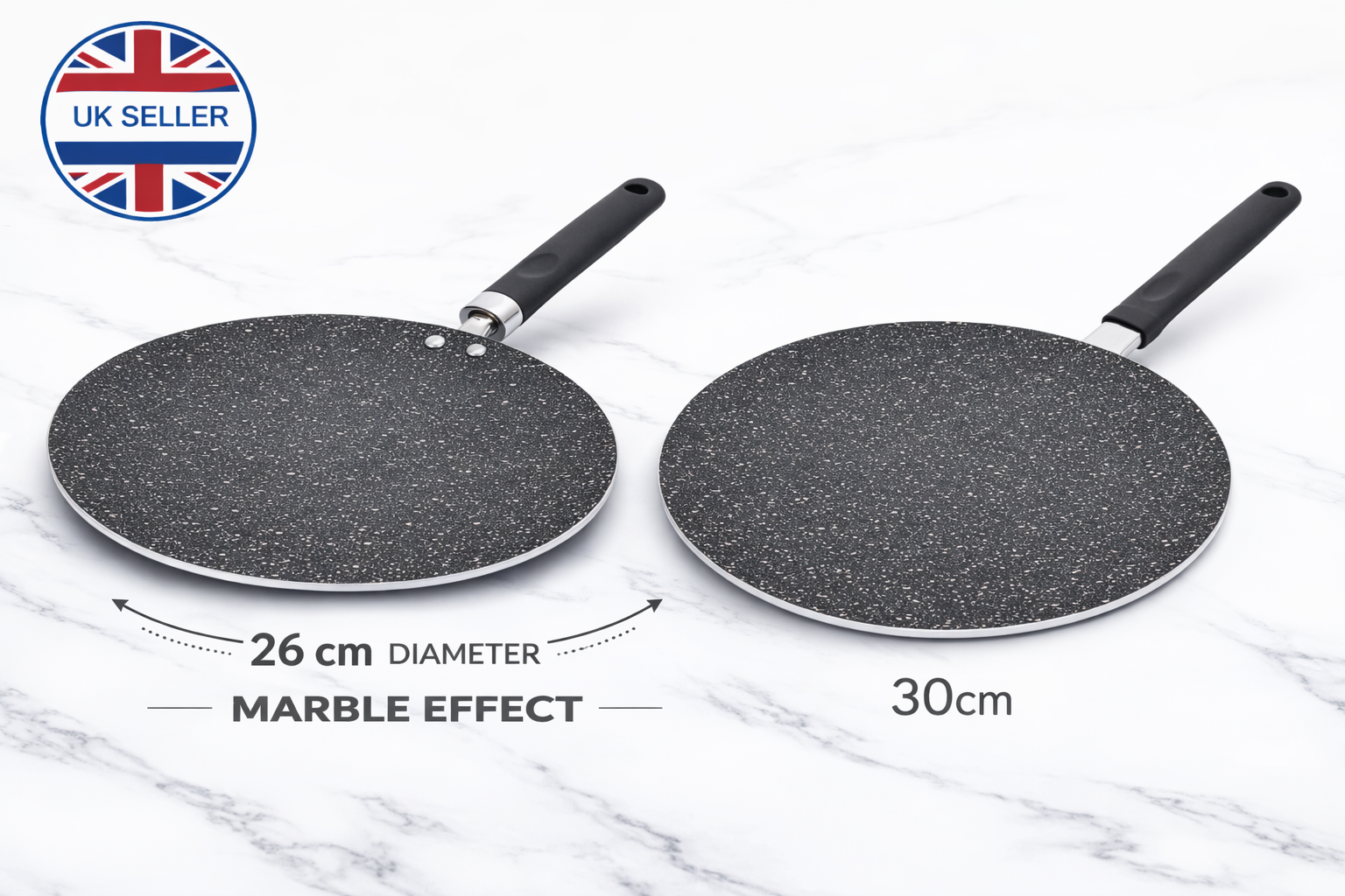 26cm & 30cm Marble Effect Non-Stick Tawa Crepe Pan – Reinforced Aluminium Concave Griddle with Stay-Cool Handle