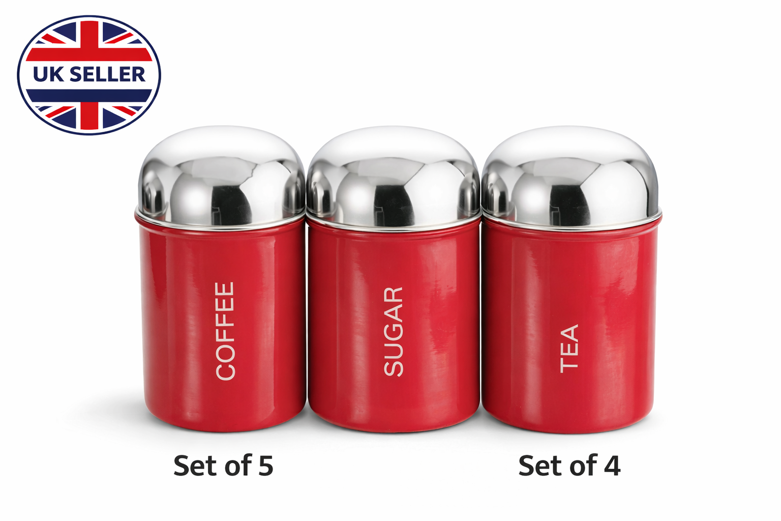 3 Piece Stainless Steel Tea Coffee Sugar Canister Set – Brushed Steel Dome Lid Kitchen Storage Jars Worktop Caddy Set