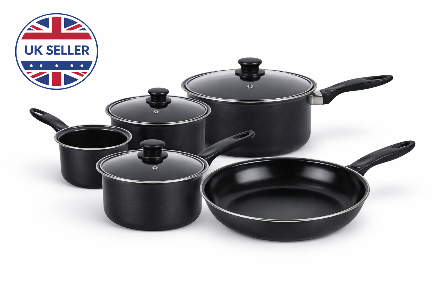 6pc & 8pc Non-Stick Carbon Steel Cookware Set with Lids – Saucepans, Milk Pan & Frying Pan for Gas & Electric Hobs