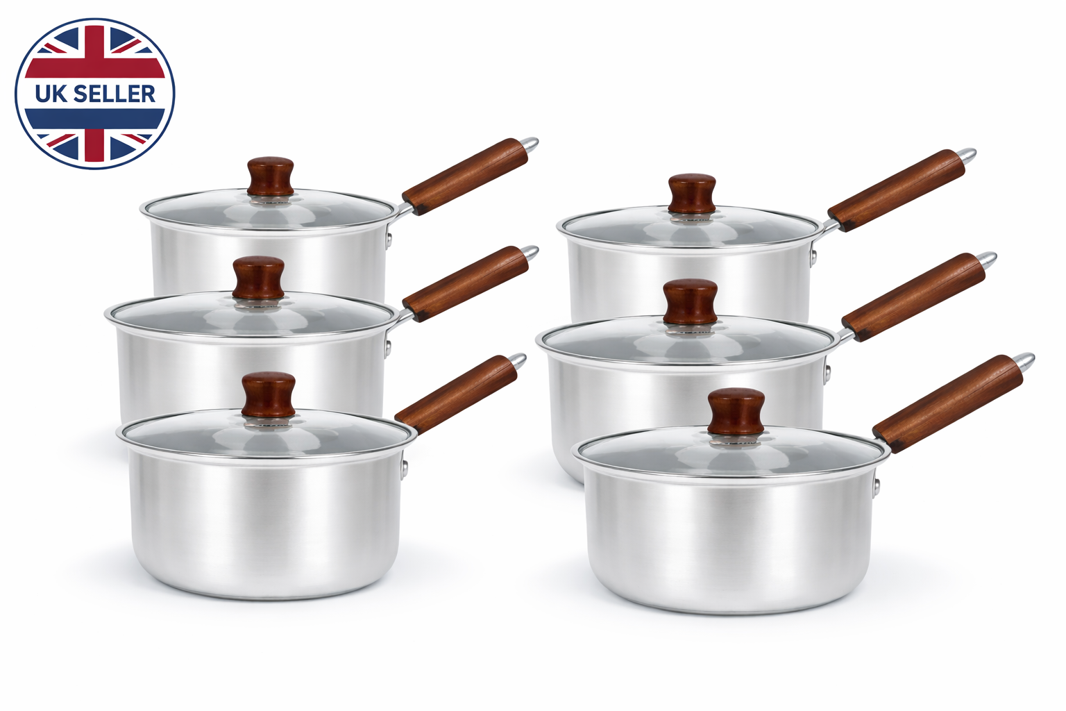 3 Piece Aluminium Saucepan Set with Lids & Wooden Handles – 6 Piece Cookware Set for Gas, Electric & Ceramic Hobs