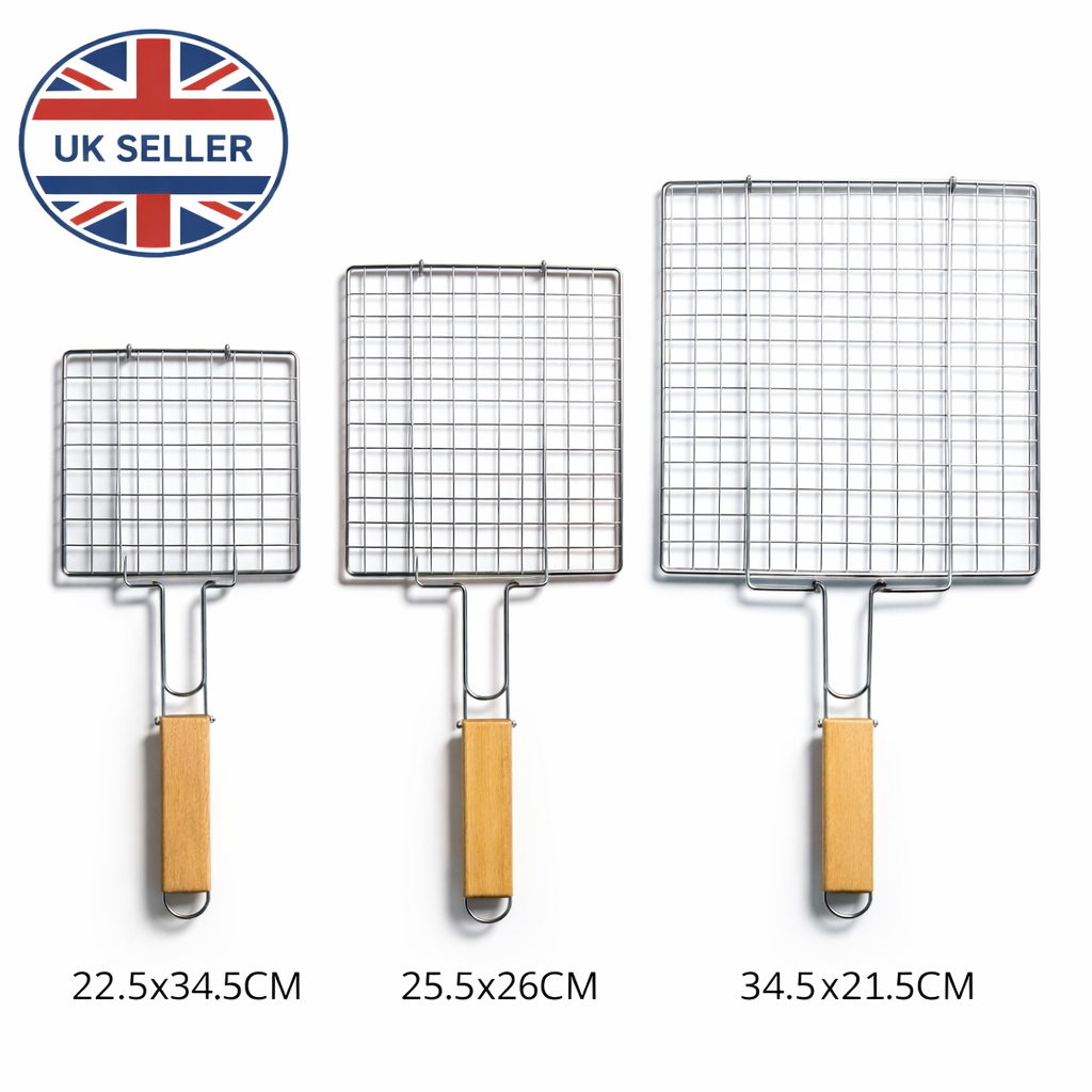 Chrome Wire BBQ Grill Basket with Wooden Handle – Available in 3 Sizes: 25.5x26CM, 34.5x21.5CM & 22.5x34.5CM – Fish, Meat & Vegetable Grilling Basket for Charcoal & Gas Barbecue