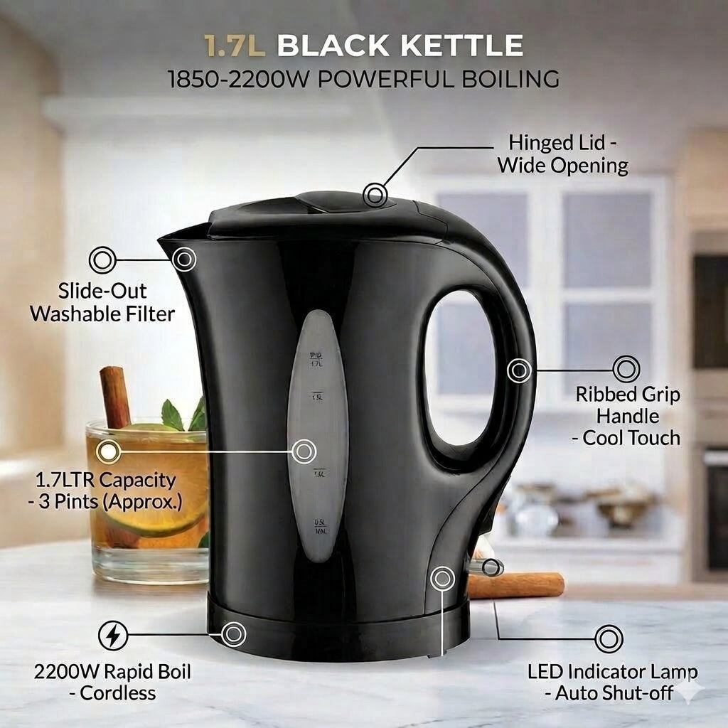 1.7L Electric Cordless Kettle 2200W Fast Boil Water Kettle with Auto Shut-Off, Washable Filter, LED Indicator, Hinged Lid, Ergonomic Handle for Home & Office Use