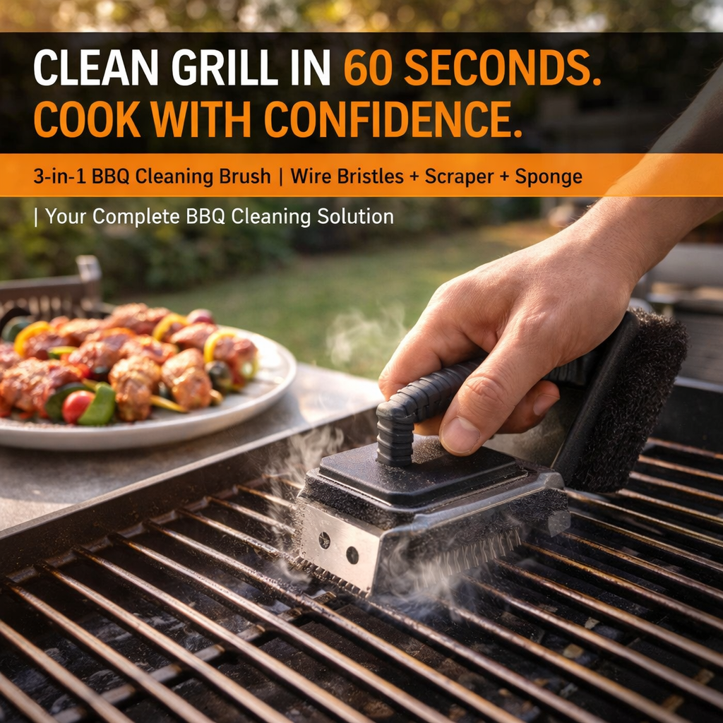BBQ Grill Brush with Scraper & Abrasive Pad – 11.5 x 10 x 7CM Compact Hand Held Design, Wire Bristles, Metal Scraper Blade & Foam Scrub Pad – Barbecue Grate Cleaner for Gas & Charcoal Grills