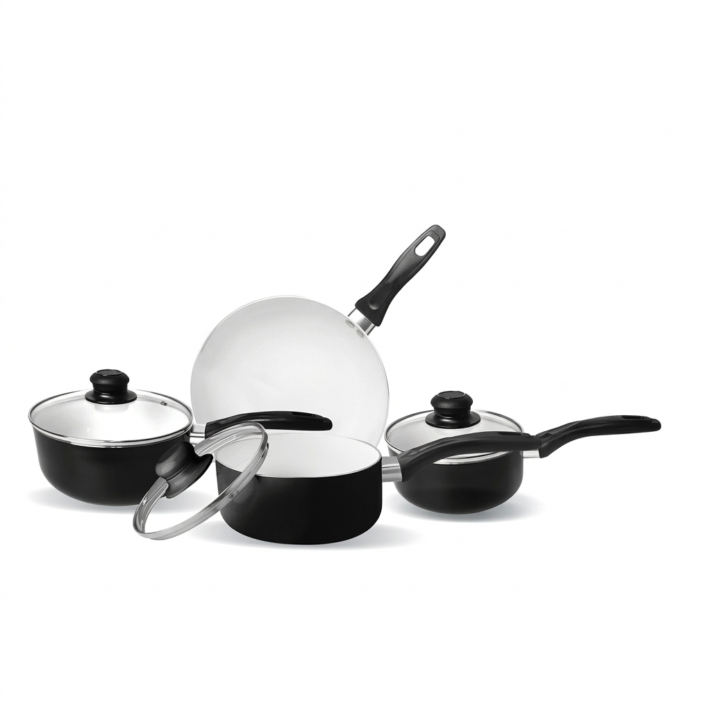 7 Piece Aluminium Cookware Set with Glass Lids – White Ceramic Non-Stick Interior, Induction Base, 16CM 18CM 20CM Saucepans & 20CM Frying Pan – Black, 2.5MM Thick, Spiral Bottom