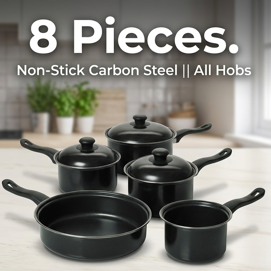 8 Piece Non-Stick Carbon Steel Cookware Set – Saucepans, Frying Pan & Milk Pan | All Hob Compatible | Complete Kitchen Pan Set in Matte Black