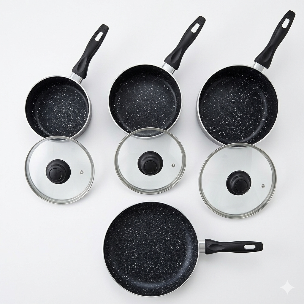 Non-Stick Marble Cookware Set – 7 Piece Complete Kitchen Set | Saucepans 16cm, 18cm, 20cm & 24cm Frying Pan | Gas, Electric & Induction Compatible