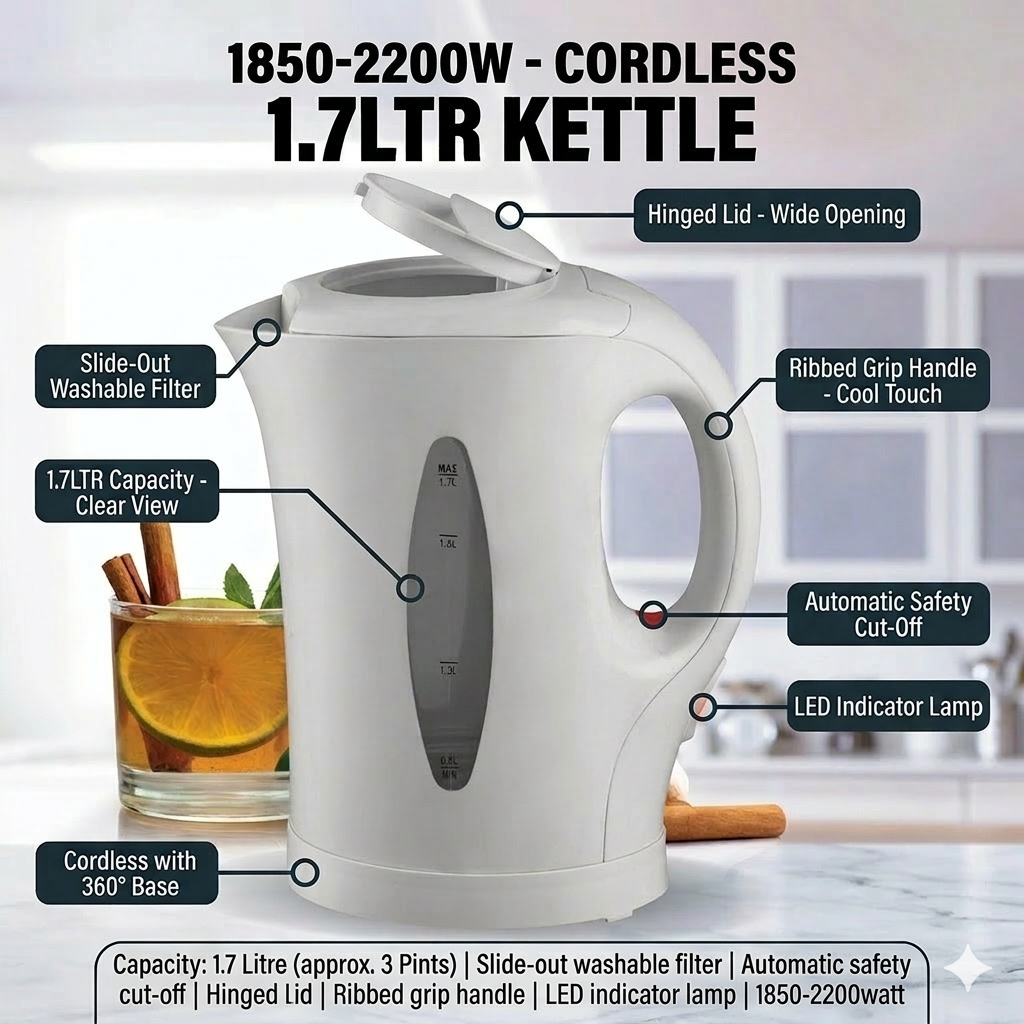 1.7L Electric Cordless Kettle 2200W Fast Boil Water Kettle with Auto Shut-Off, Washable Filter, LED Indicator, Hinged Lid, Ergonomic Handle for Home & Office Use