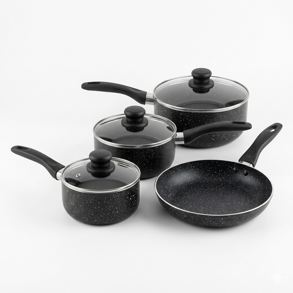 Non-Stick Marble Cookware Set – 7 Piece Complete Kitchen Set | Saucepans 16cm, 18cm, 20cm & 24cm Frying Pan | Gas, Electric & Induction Compatible