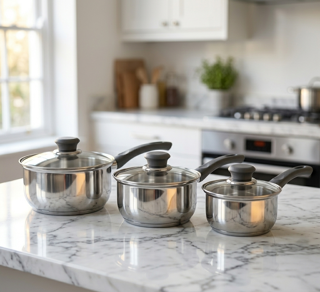 6 Piece Stainless Steel Saucepan Set – Mirror Polished with Glass Lids | Induction Ready | 3 Graduating Sizes | Premium Kitchen Cookware