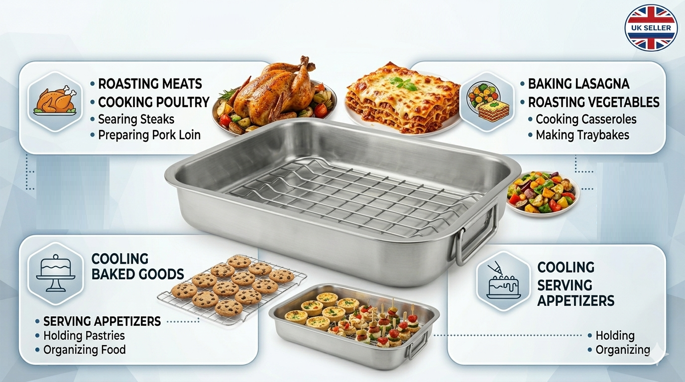 Stainless Steel Roasting Tray with Rack | Oven Safe | Easy Clean | 27x21 32x24 or 42x32cm