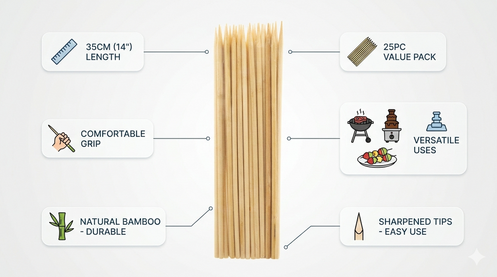 25/50 Pack Bamboo Skewers 35cm 14 Inch – Long Wooden BBQ Skewers for Kebab Grill Fruit Chocolate Fountain Salad Display