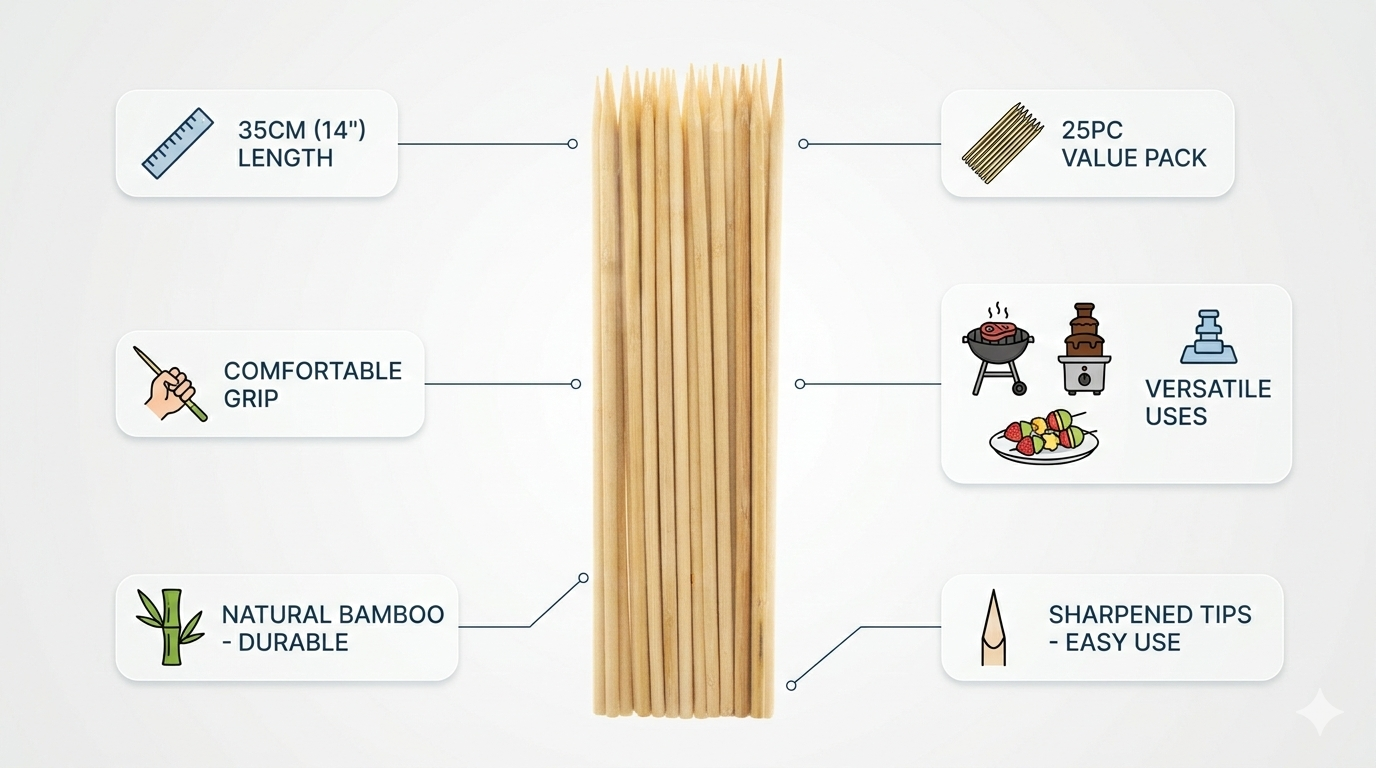 25/50 Pack Bamboo Skewers 35cm 14 Inch – Long Wooden BBQ Skewers for Kebab Grill Fruit Chocolate Fountain Salad Display