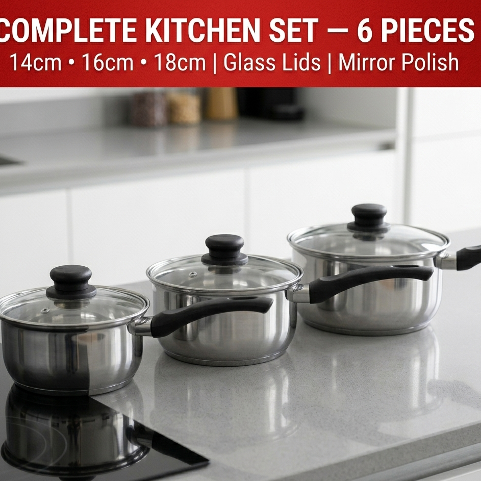 Complete Stainless Steel Saucepan Set – 6 Piece Kitchen Cookware with Glass Lids | 14cm, 16cm & 18cm | Mirror Polish Finish
