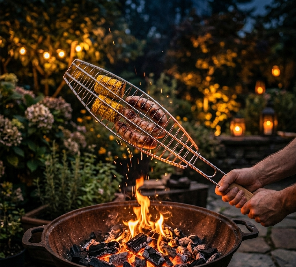 Chrome Wire Fish BBQ Grill Basket with Wooden Handle – Available in 2 Sizes: Slim 37x12CM & Wide 14.5x4.5 Inch – Fish-Shaped Grilling Basket for Whole Fish on Gas & Charcoal Barbecue