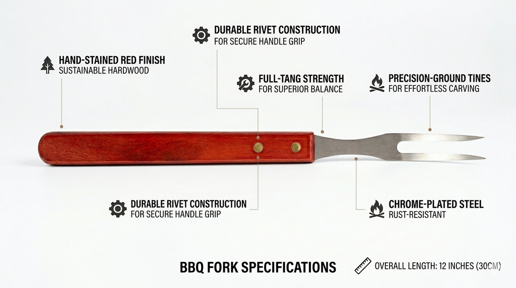 BBQ Fork Stainless Steel with Wooden Handle — 2-Prong Barbecue Meat Fork