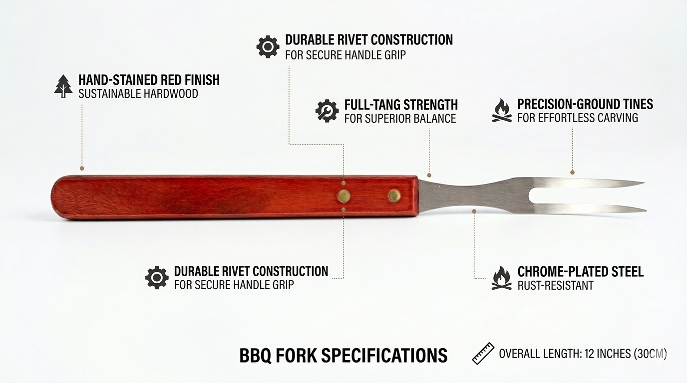 BBQ Fork Stainless Steel with Wooden Handle — 2-Prong Barbecue Meat Fork