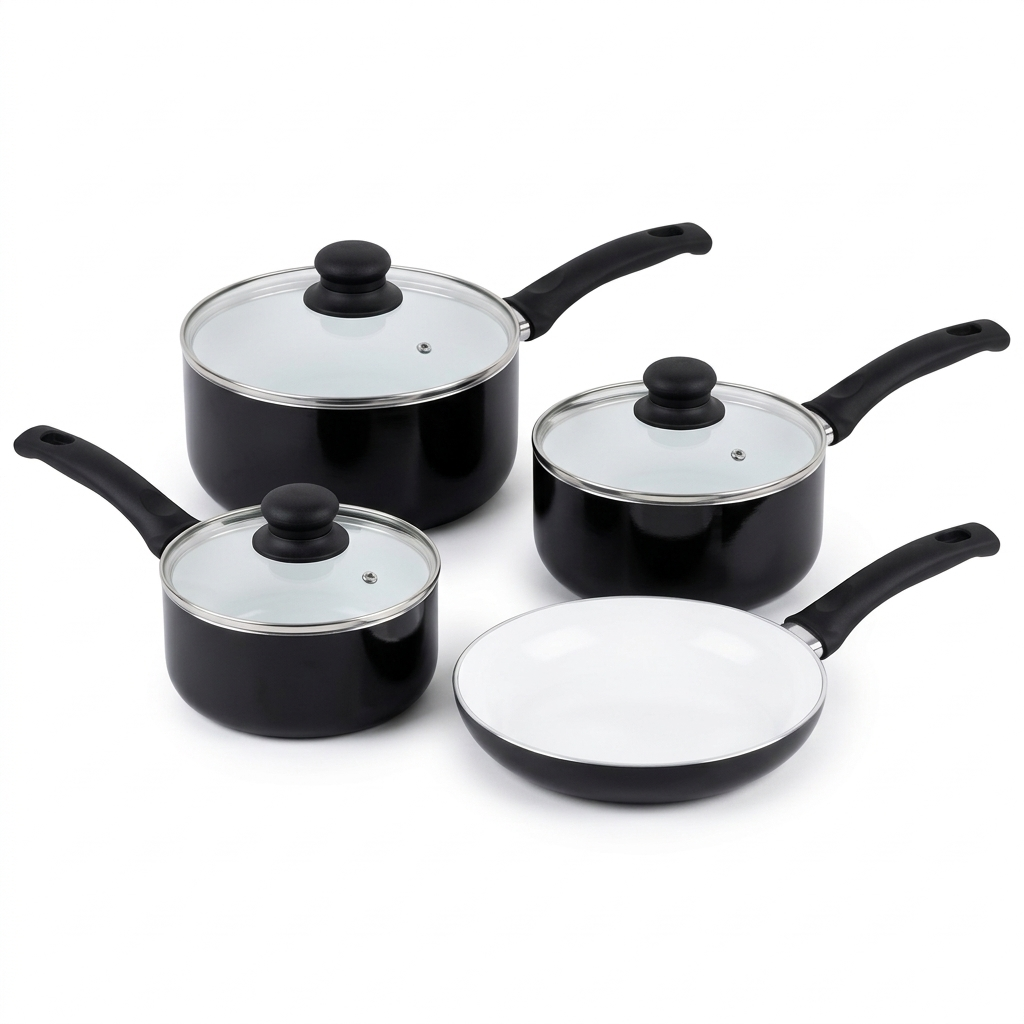 7 Piece Aluminium Cookware Set with Glass Lids – White Ceramic Non-Stick Interior, Induction Base, 16CM 18CM 20CM Saucepans & 20CM Frying Pan – Black, 2.5MM Thick, Spiral Bottom