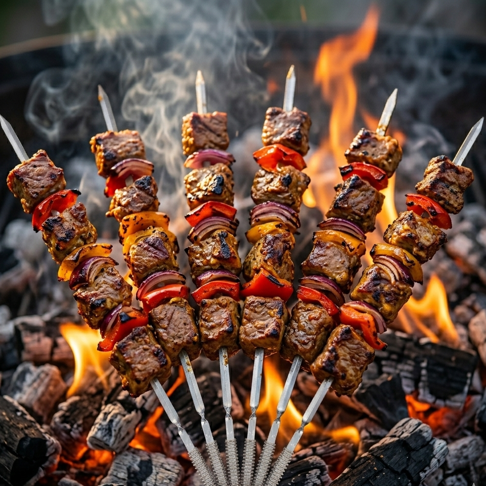 6 Piece Long Flat Blade BBQ Skewers with Spring Coil Handle – Heavy Duty Stainless Steel Kebab Skewers for Kofta, Shish, Meat & Vegetables, Outdoor Barbecue, Charcoal Grill & Camping