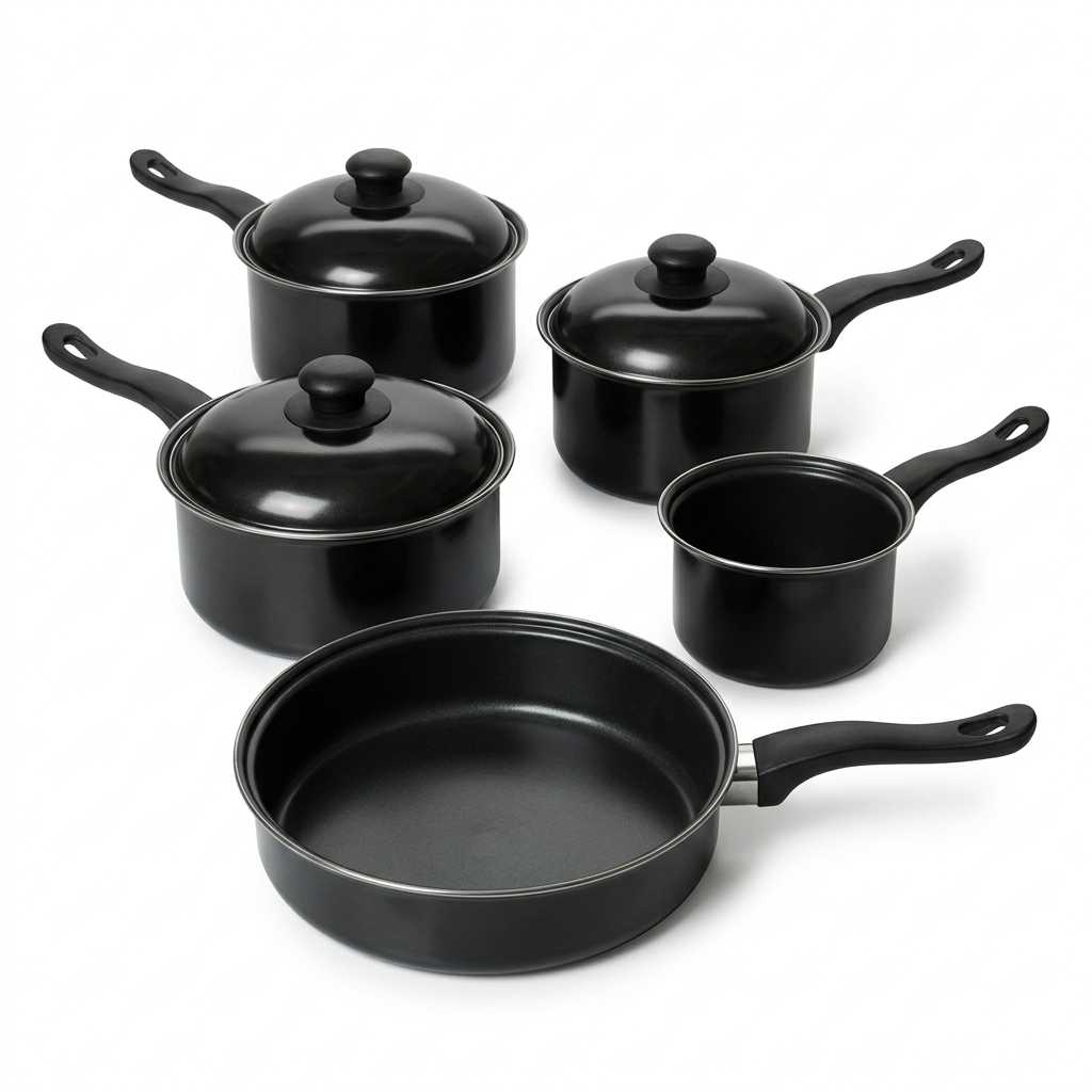 8 Piece Non-Stick Carbon Steel Cookware Set – Saucepans, Frying Pan & Milk Pan | All Hob Compatible | Complete Kitchen Pan Set in Matte Black