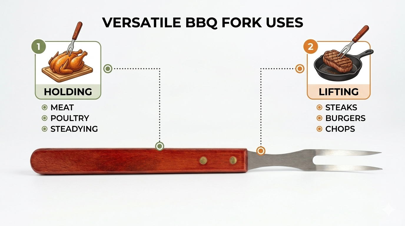 BBQ Fork Stainless Steel with Wooden Handle — 2-Prong Barbecue Meat Fork