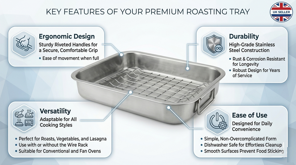 Stainless Steel Roasting Tray with Rack | Oven Safe | Easy Clean | 27x21 32x24 or 42x32cm