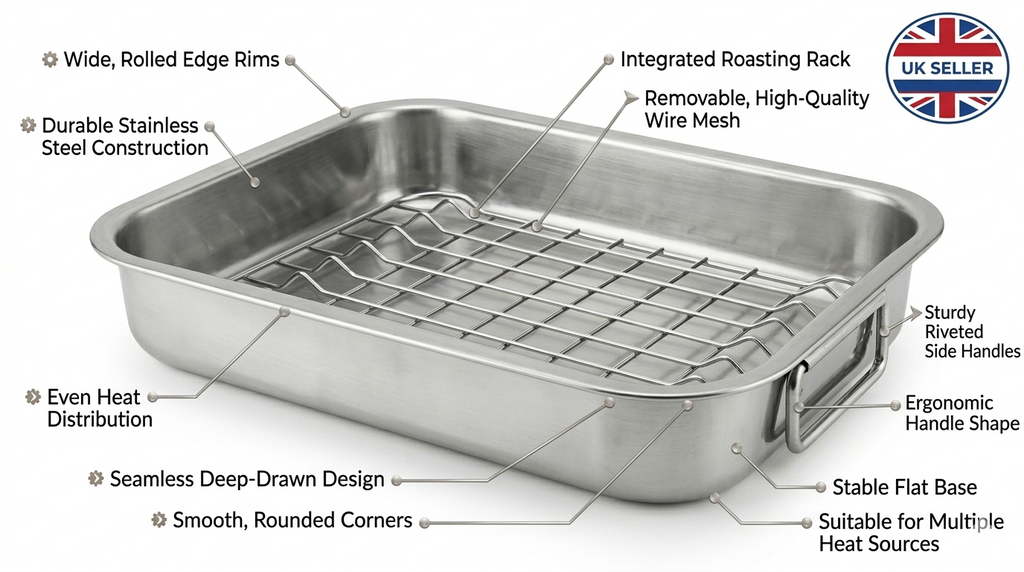 Stainless Steel Roasting Tray with Rack | Oven Safe | Easy Clean | 27x21 32x24 or 42x32cm