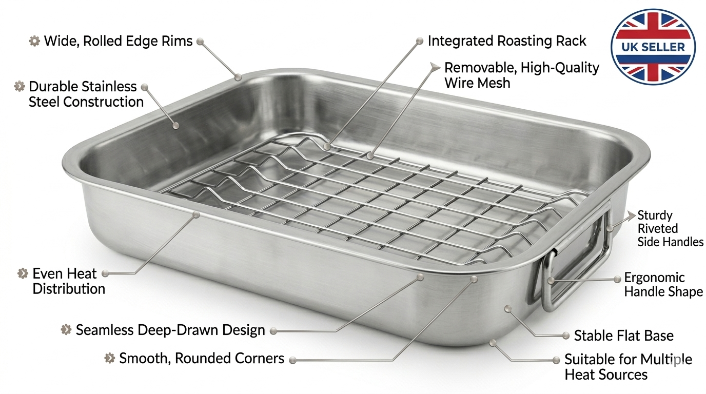 Stainless Steel Roasting Tray with Rack | Oven Safe | Easy Clean | 27x21 32x24 or 42x32cm