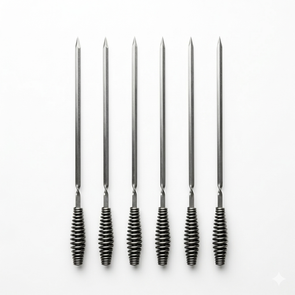 6 Piece Long Flat Blade BBQ Skewers with Spring Coil Handle – Heavy Duty Stainless Steel Kebab Skewers for Kofta, Shish, Meat & Vegetables, Outdoor Barbecue, Charcoal Grill & Camping