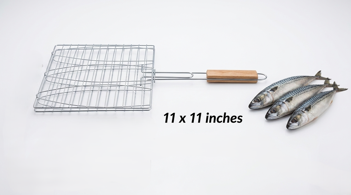 3 Fish BBQ Grill Basket with Wooden Handle – 11x11 Inch Stainless Wire Basket for Whole Fish & Vegetables
