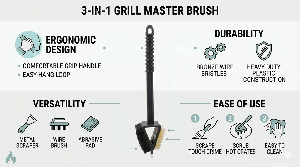 15 Inch Bronze Wire BBQ Grill Brush with Scraper & Sponge Pad – Long Handle Cleaning Brush for Barbecue Grates