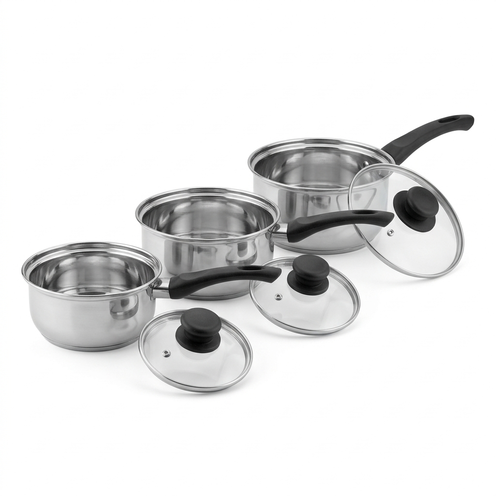 Complete Stainless Steel Saucepan Set – 6 Piece Kitchen Cookware with Glass Lids | 14cm, 16cm & 18cm | Mirror Polish Finish
