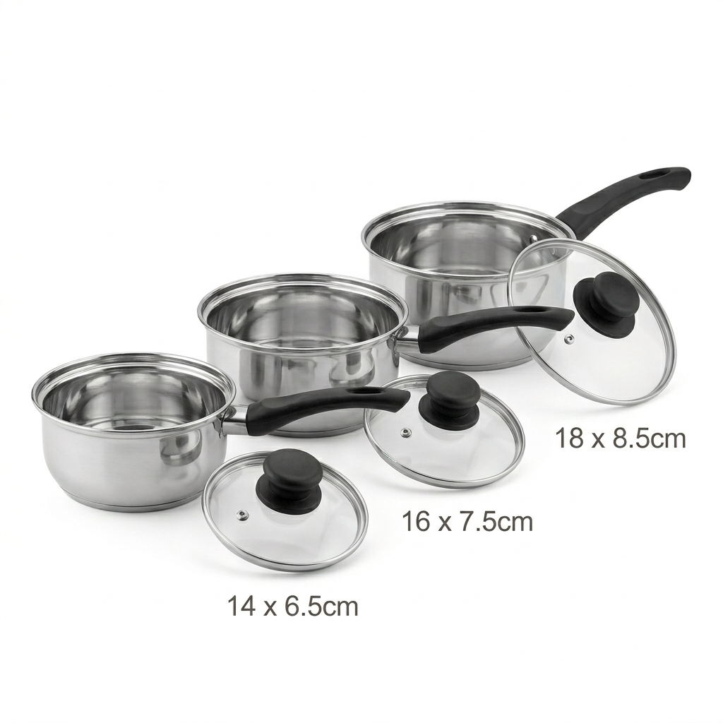 Complete Stainless Steel Saucepan Set – 6 Piece Kitchen Cookware with Glass Lids | 14cm, 16cm & 18cm | Mirror Polish Finish