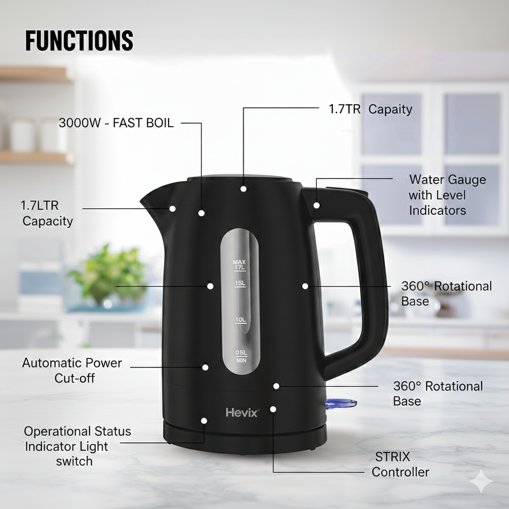 1.7L Cordless Black Kettle 3000W Fast Boiling Kettle