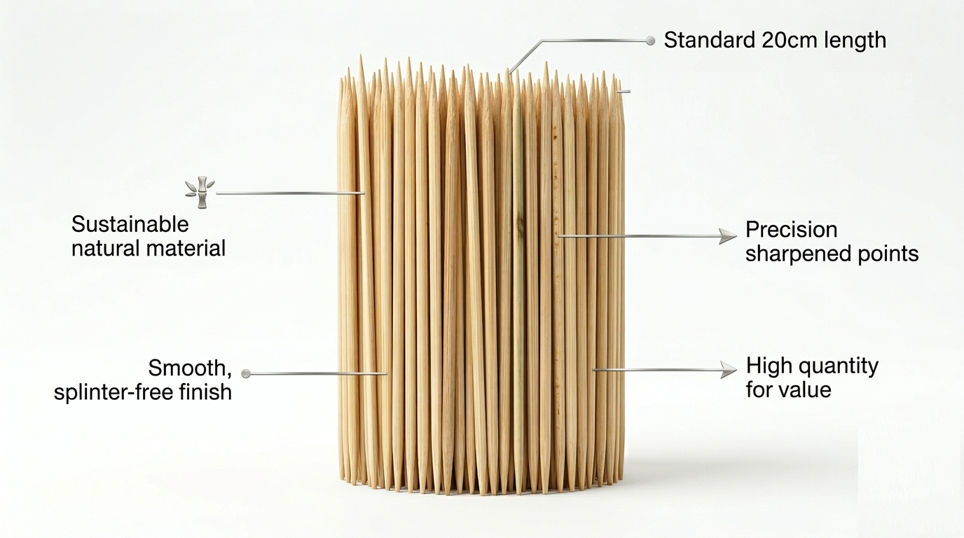 Bamboo Skewers 20cm 4mm Pack of 200 | Sharp Point | Non-Porous | BBQ Canapés Party Food Use