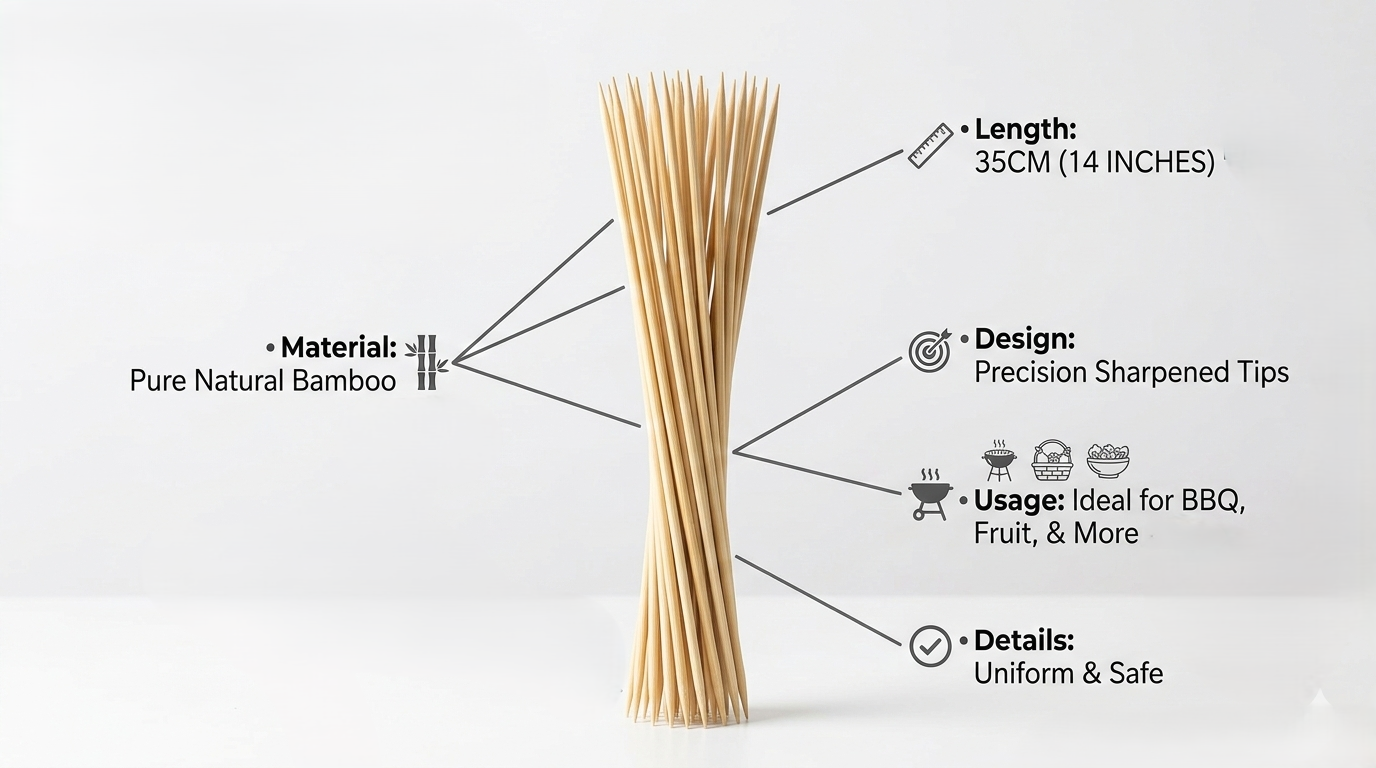 50 Pack Bamboo Skewers 35cm 14 Inch – Long Wooden BBQ Skewers for Kebab Grill Fruit Chocolate Fountain Salad Display