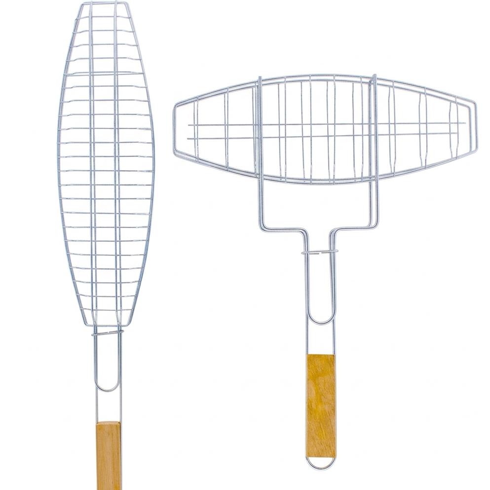 Chrome Wire Fish BBQ Grill Basket with Wooden Handle – Available in 2 Sizes: Slim 37x12CM & Wide 14.5x4.5 Inch – Fish-Shaped Grilling Basket for Whole Fish on Gas & Charcoal Barbecue