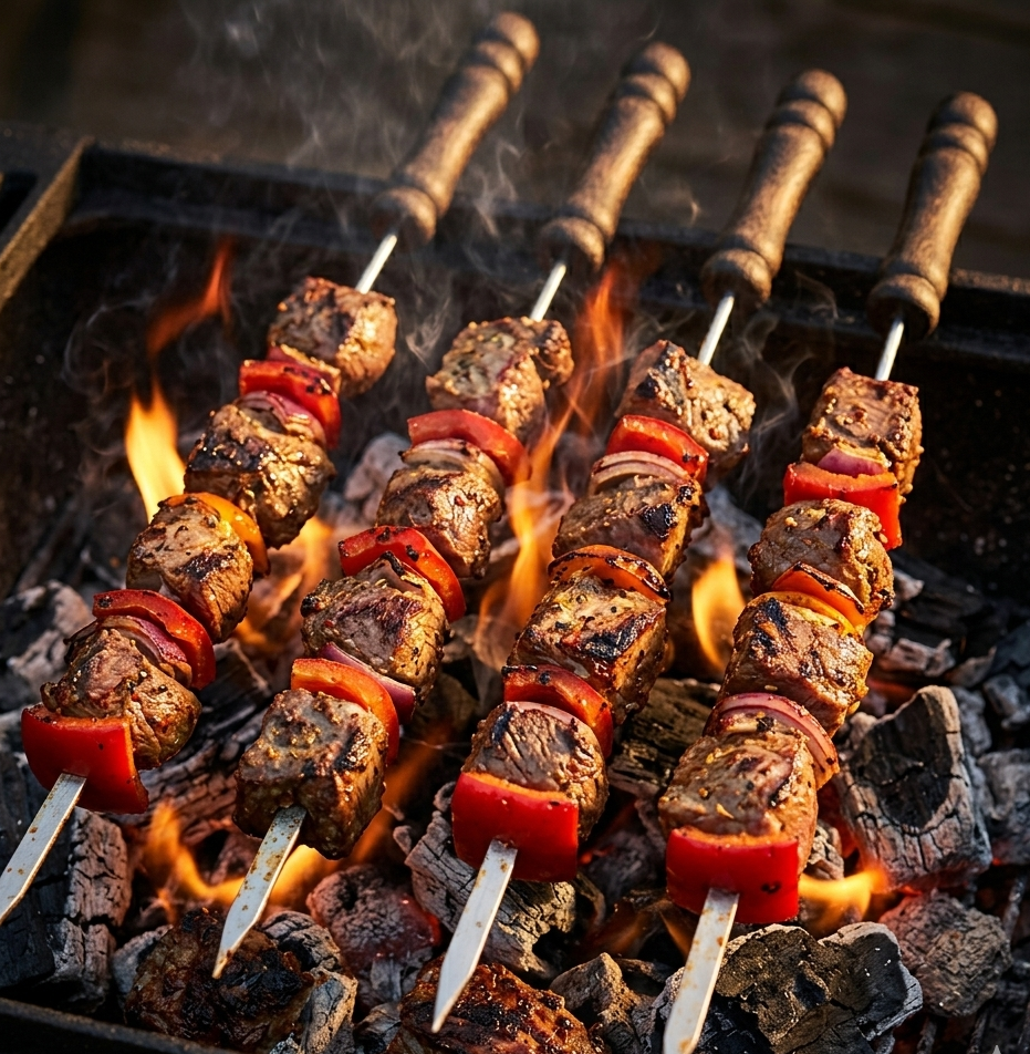 4PC or 6 PC BBQ Skewer Set with Wooden Handles – Stainless Steel Barbecue Skewers