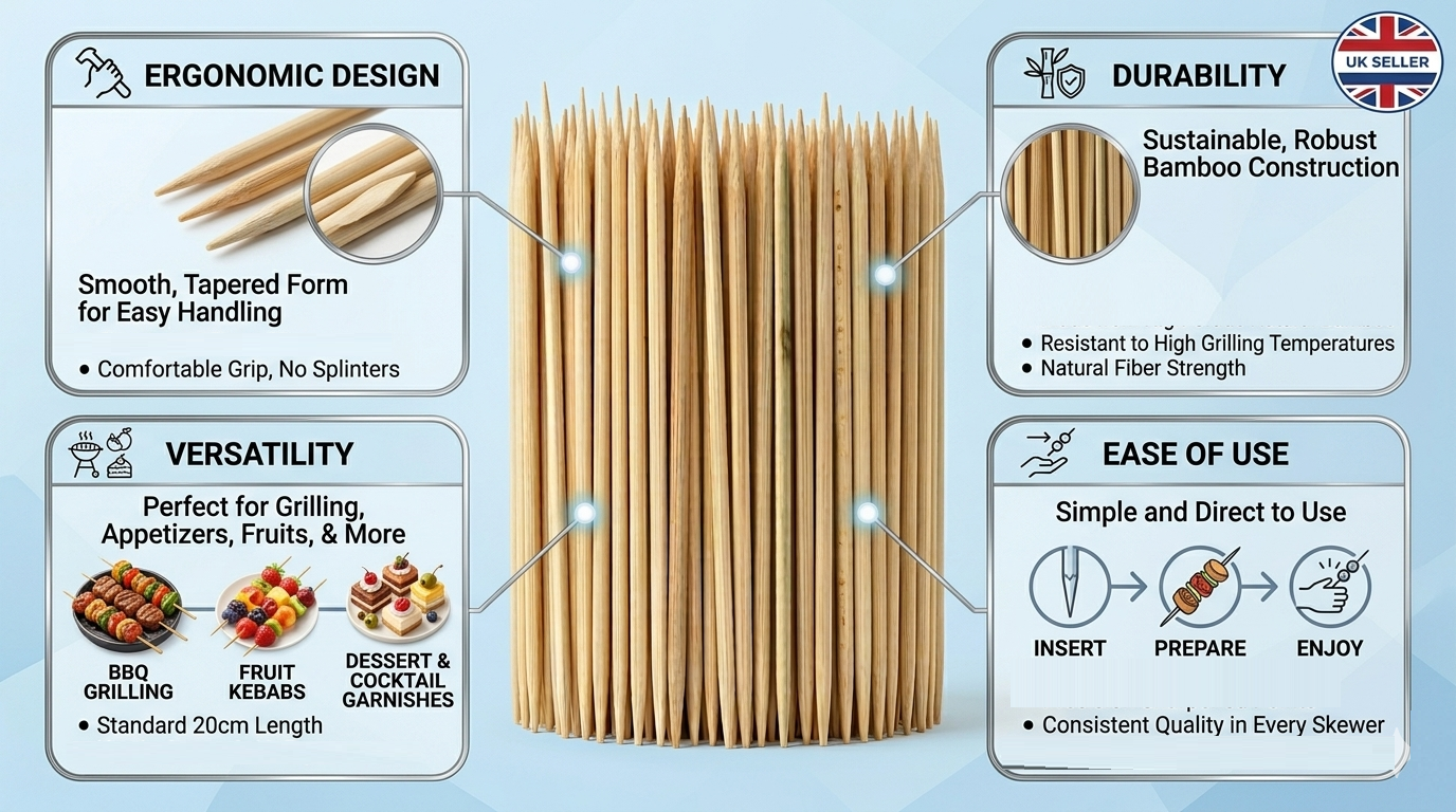Bamboo Skewers 20cm 4mm Pack of 200 | Sharp Point | Non-Porous | BBQ Canapés Party Food Use