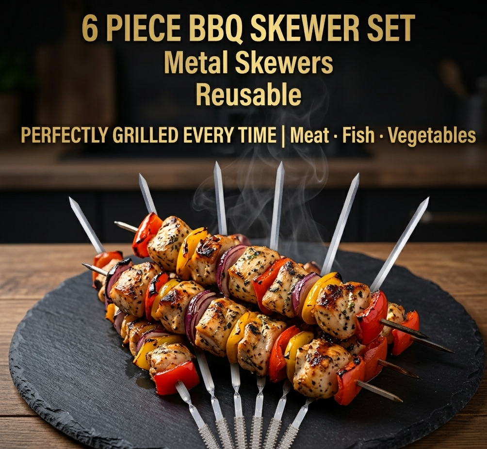 6 Piece Long Flat Blade BBQ Skewers with Spring Coil Handle – Heavy Duty Stainless Steel Kebab Skewers for Kofta, Shish, Meat & Vegetables, Outdoor Barbecue, Charcoal Grill & Camping