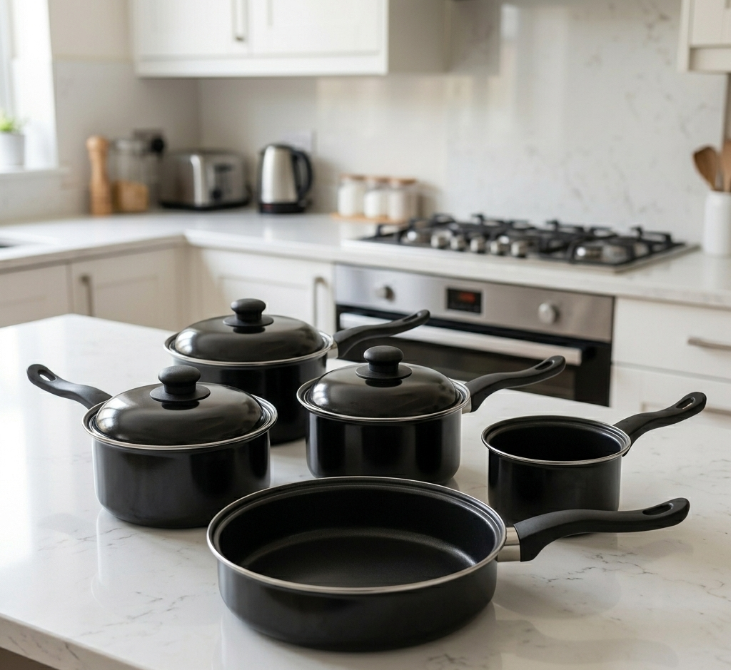 8 Piece Non-Stick Carbon Steel Cookware Set – Saucepans, Frying Pan & Milk Pan | All Hob Compatible | Complete Kitchen Pan Set in Matte Black