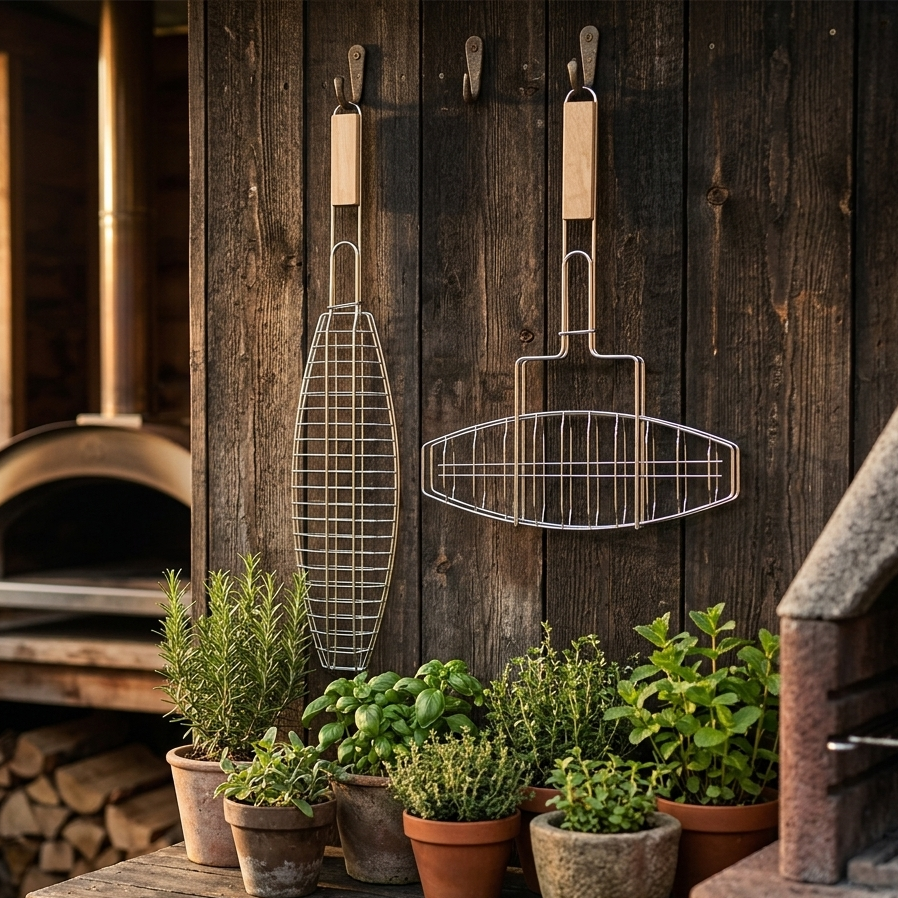 Chrome Wire Fish BBQ Grill Basket with Wooden Handle – Available in 2 Sizes: Slim 37x12CM & Wide 14.5x4.5 Inch – Fish-Shaped Grilling Basket for Whole Fish on Gas & Charcoal Barbecue