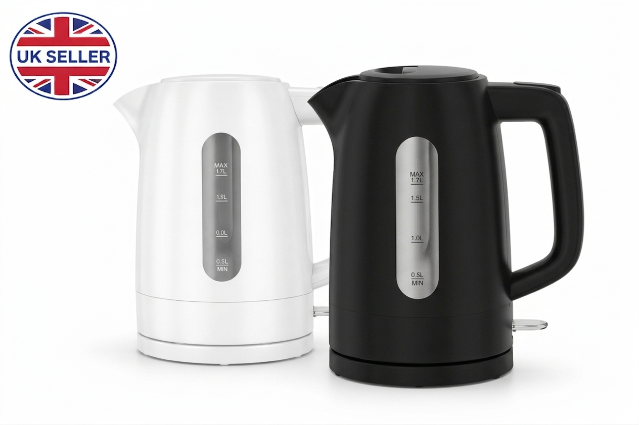 1.7L Cordless Electric Kettle with Water Level Window – Fast Boil, 360° Rotating Base, Available in Black & White – Ideal for Home, Office & Kitchen