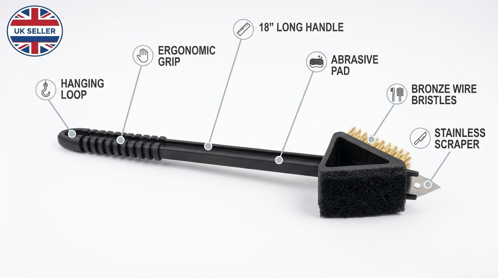 15 Inch Bronze Wire BBQ Grill Brush with Scraper & Sponge Pad – Long Handle Cleaning Brush for Barbecue Grates
