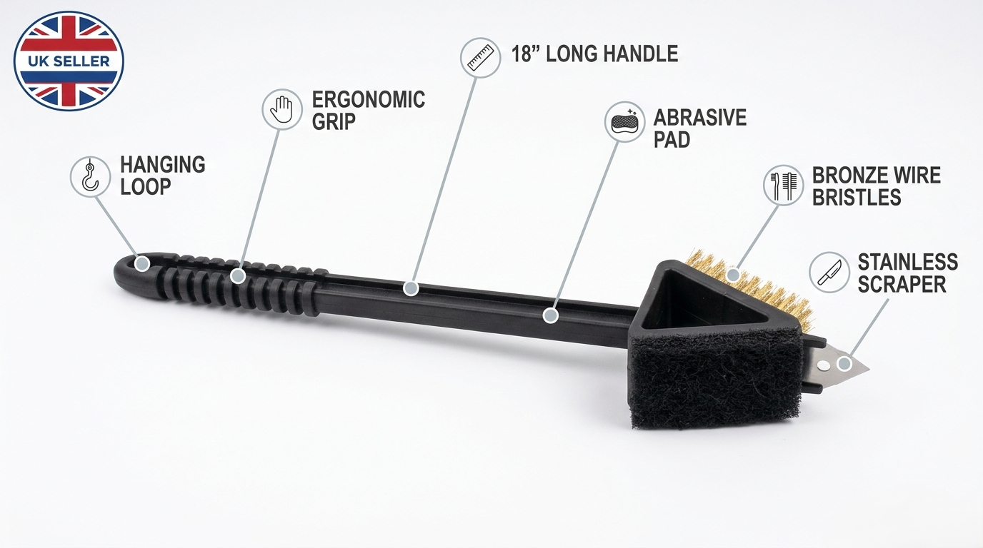 15 Inch Bronze Wire BBQ Grill Brush with Scraper & Sponge Pad – Long Handle Cleaning Brush for Barbecue Grates