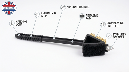 15 Inch Bronze Wire BBQ Grill Brush with Scraper & Sponge Pad – Long Handle Cleaning Brush for Barbecue Grates