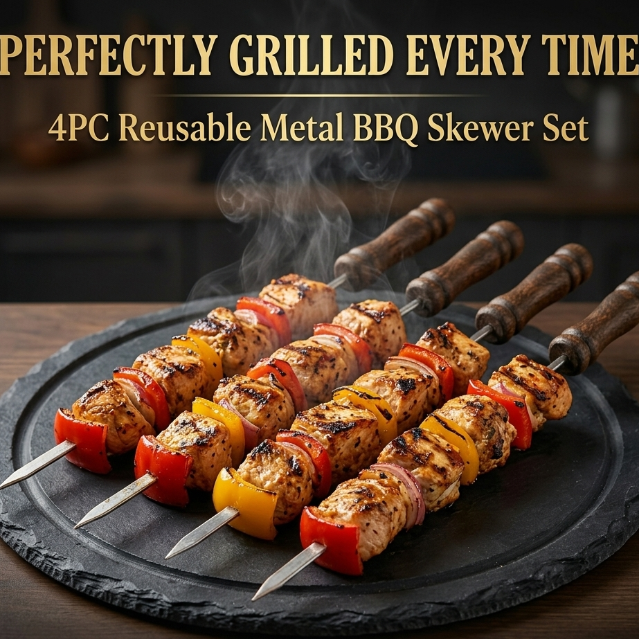 4PC or 6 PC BBQ Skewer Set with Wooden Handles – Stainless Steel Barbecue Skewers