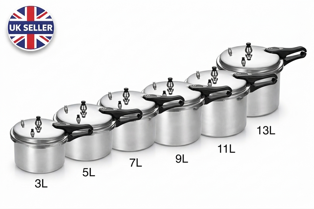 Heavy Duty Aluminium Pressure Cooker | Safety Valve | Self-Locking | 3L 5L 7L 9L 11L 13L Available