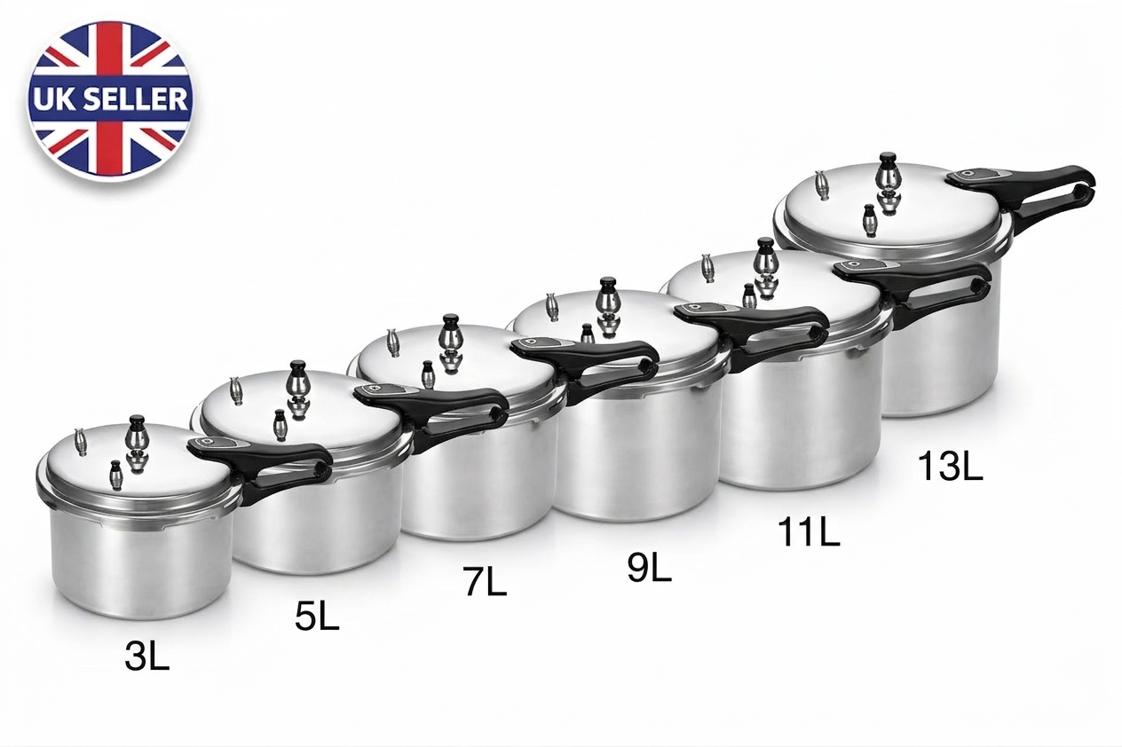 Heavy Duty Aluminium Pressure Cooker | Safety Valve | Self-Locking | 3L 5L 7L 9L 11L 13L Available