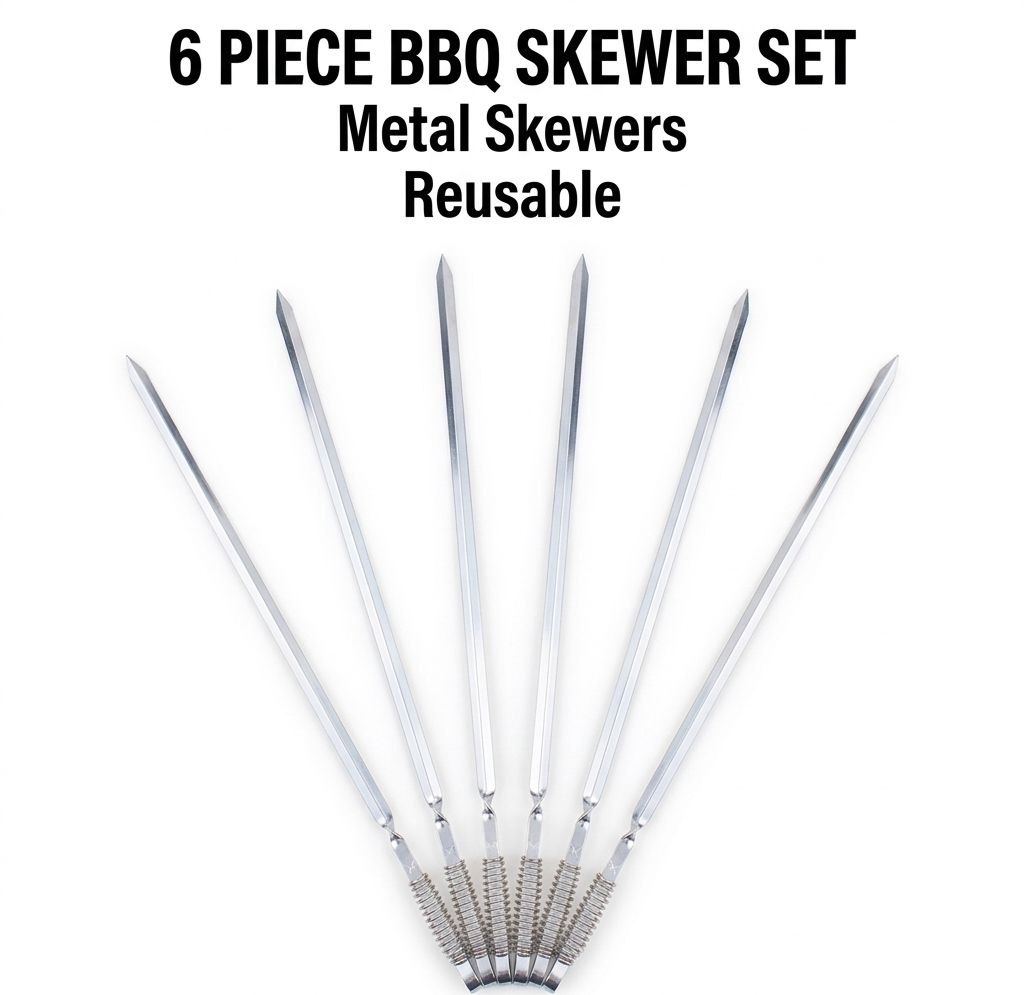 6 Piece Long Flat Blade BBQ Skewers with Spring Coil Handle – Heavy Duty Stainless Steel Kebab Skewers for Kofta, Shish, Meat & Vegetables, Outdoor Barbecue, Charcoal Grill & Camping
