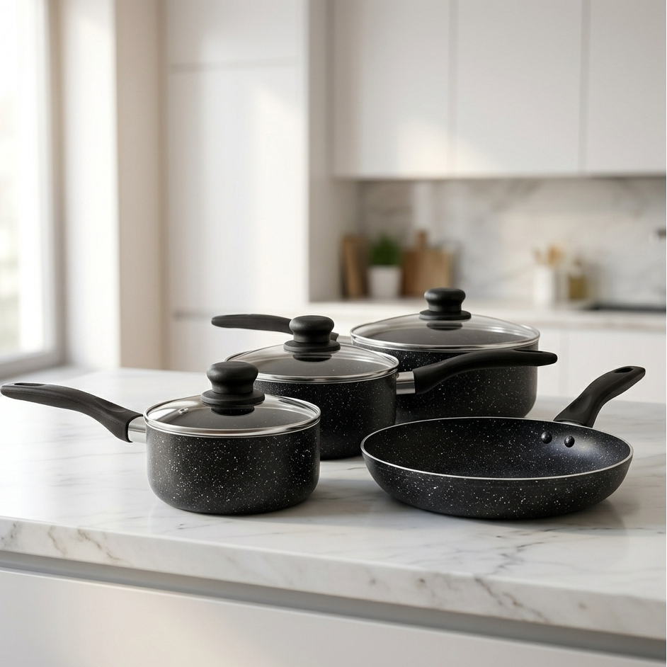 Non-Stick Marble Cookware Set – 7 Piece Complete Kitchen Set | Saucepans 16cm, 18cm, 20cm & 24cm Frying Pan | Gas, Electric & Induction Compatible